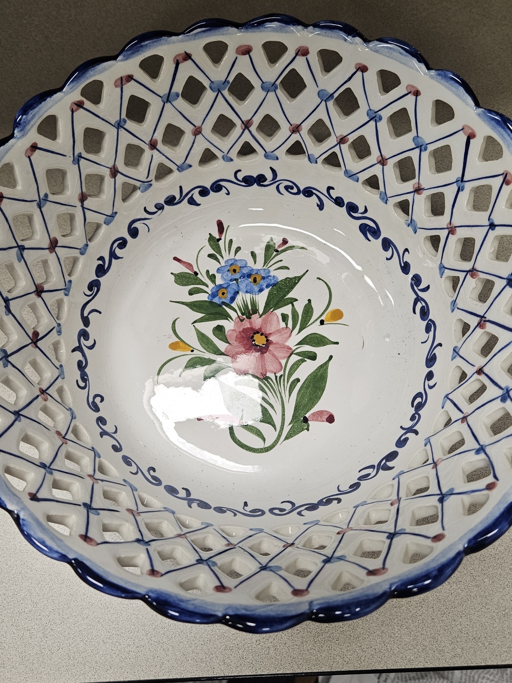 Hand-Painted Floral Ceramic Lace Bowl - White, Blue, Pink